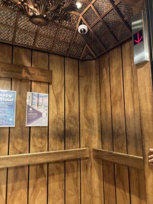 Photo of elevator interior, which looks like a wood shack/grass hut