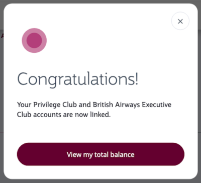 Confirmation page after linking British Airways and Qatar Airways accounts