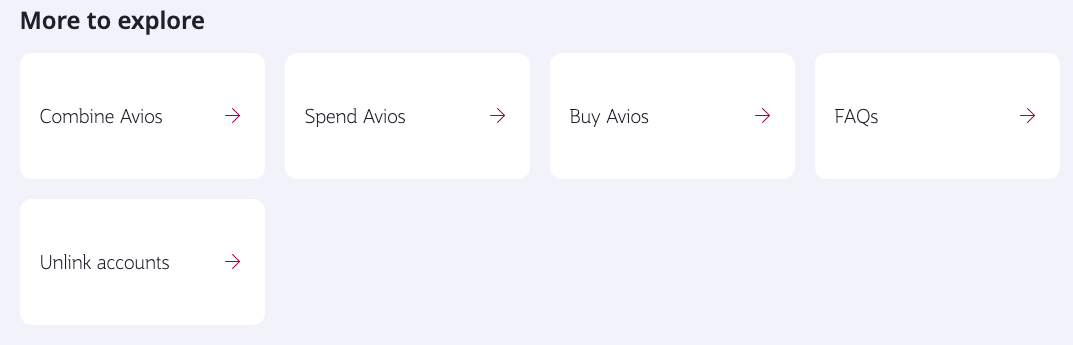 Screenshot of bottom of page on Qatar Airways website where people can select "combine Avios" to make a transfer between accounts