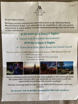 Flyer I received in Hawaii for Marriott Vacation Club timeshare offer