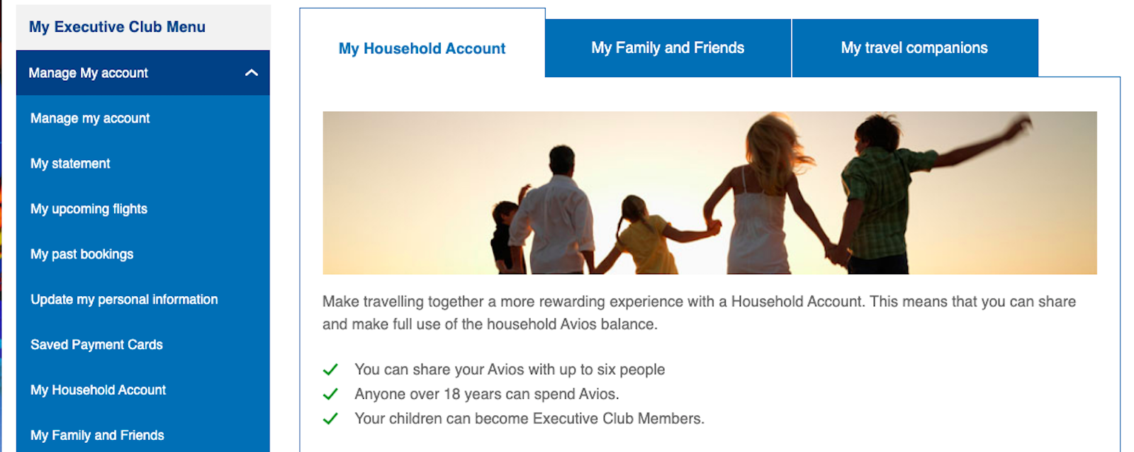 Screenshot of page where you can start a British Airways household account