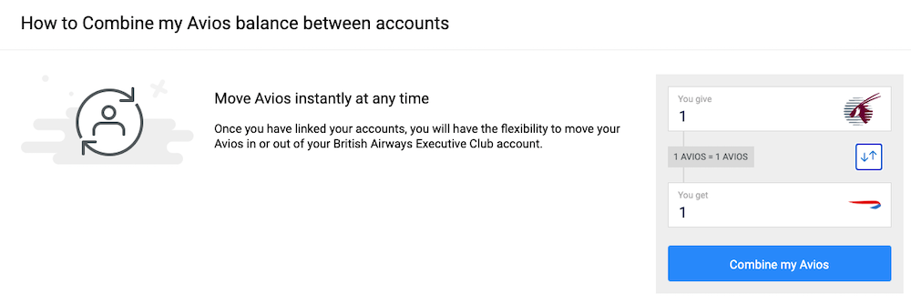 Screenshot of page where you can transfer Avios between British Airways and Qatar Airways accounts on the BA site