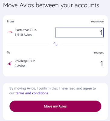 Screenshot shows interface to transfer Avios between Qatar Airways and British Airways accounts on the Qatar Airways site