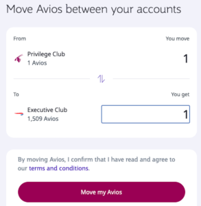 Screenshot of transfer for just 1 Avios on Qatar Airways website, sending from Qatar account to British Airways account
