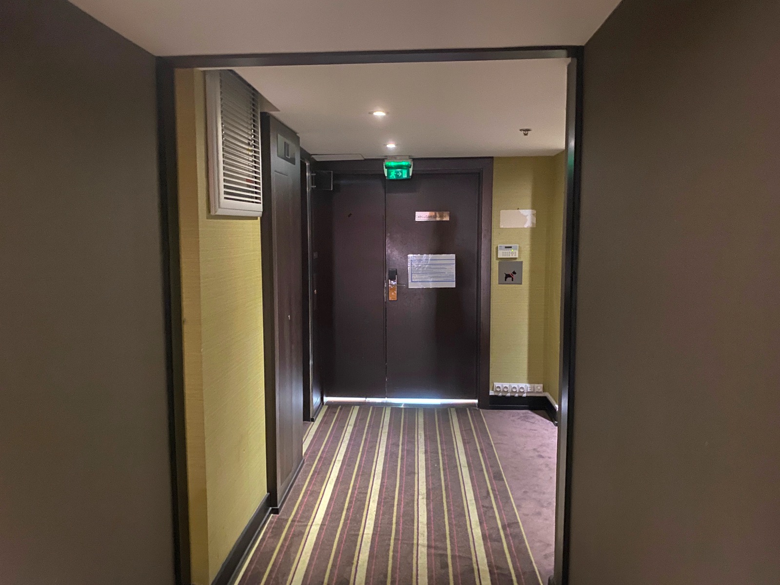 a hallway with a door and a striped carpet