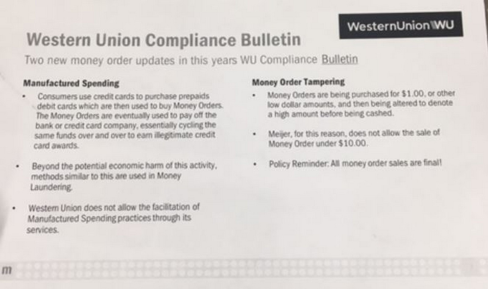 Western Union Memo