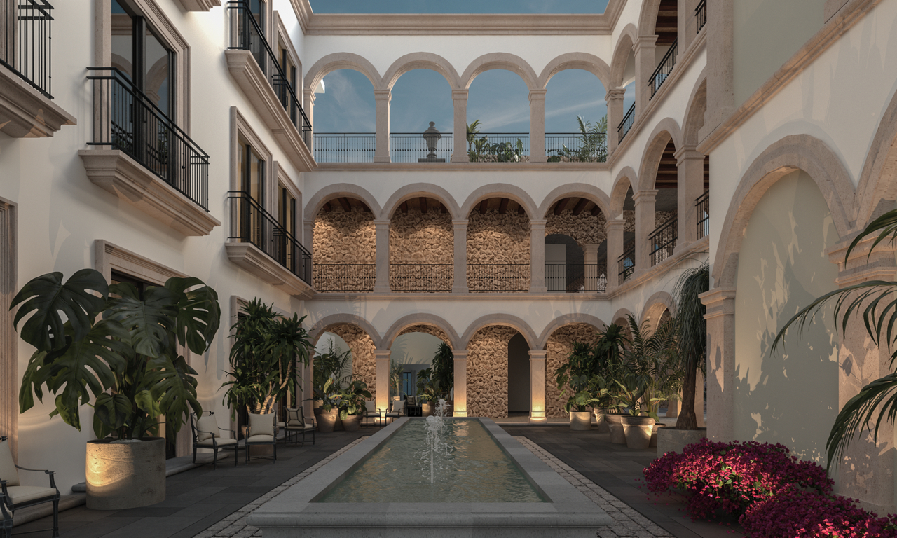 a courtyard with a pool and a fountain