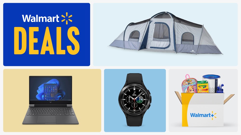 a collage of a laptop and a tent