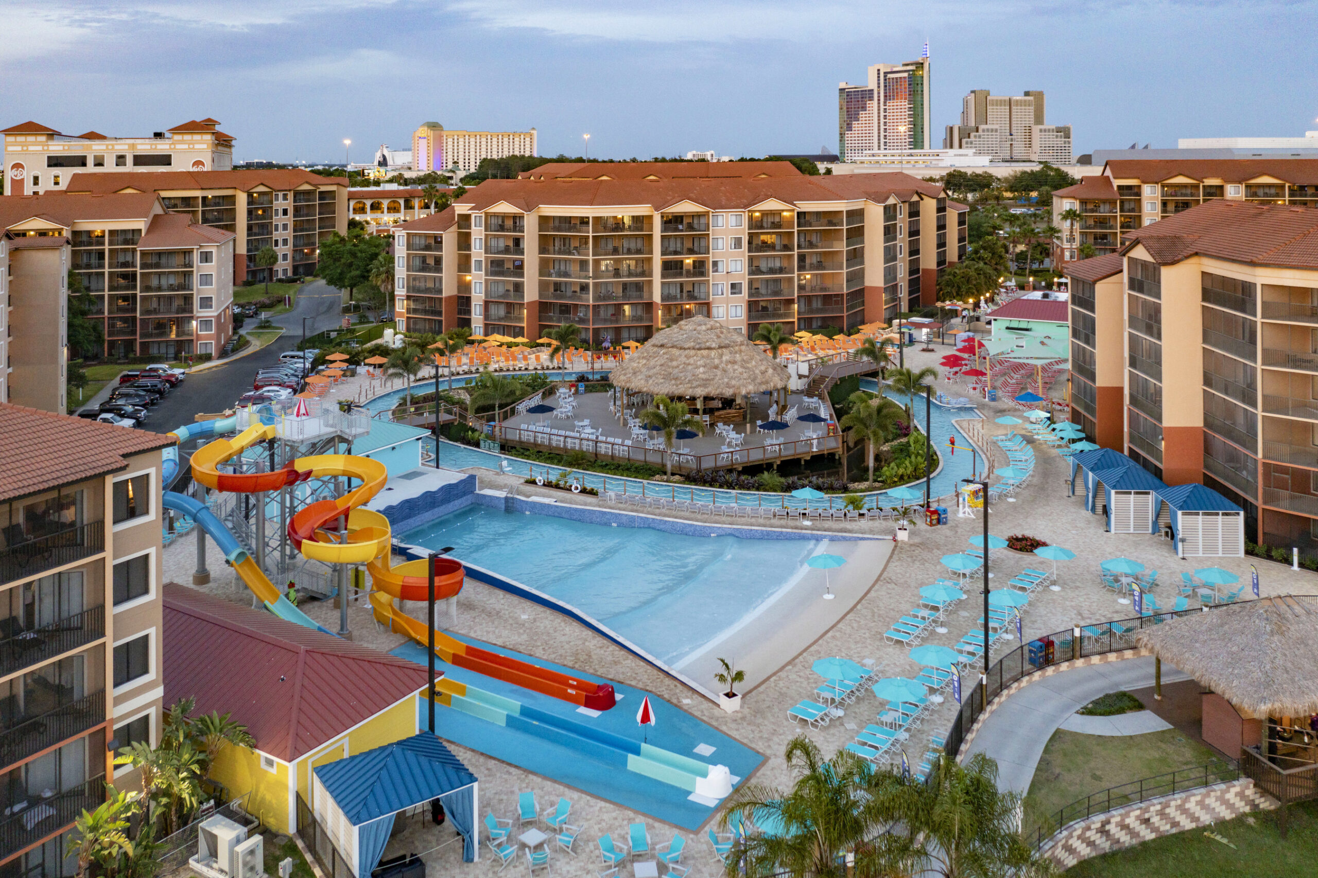 a water park with a pool and buildings